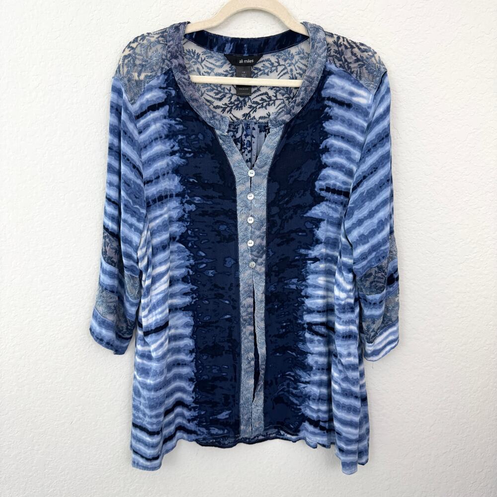 Ali Miles Womens Blouse Top Size 1X Lace Tie Dye Flowy Boho Artsy Blue